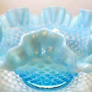 Antique Collectable Fenton Beautiful Blue/Aqua Hobnail Bowl Lacy Ruffle